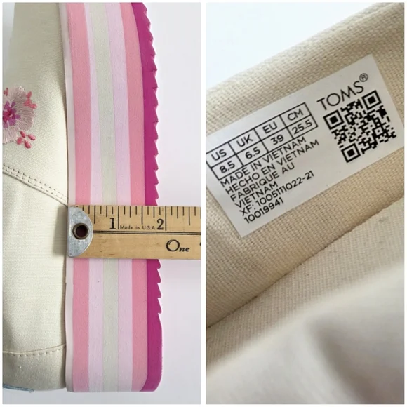 Toms Embroidered Floral On Canvas Platform Slip-On Shoes, Pink & Cream, Size 8.5 - Picture 9 of 16